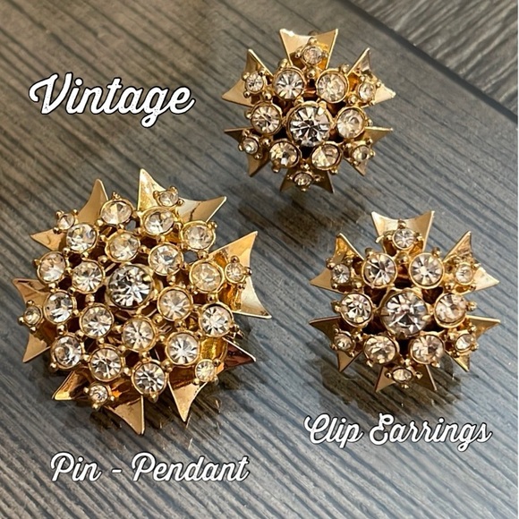 Vintage Jewelry - Vintage Clear Rhinestone Maltese Style Cross Pendant Pin Matching Clip Earrings